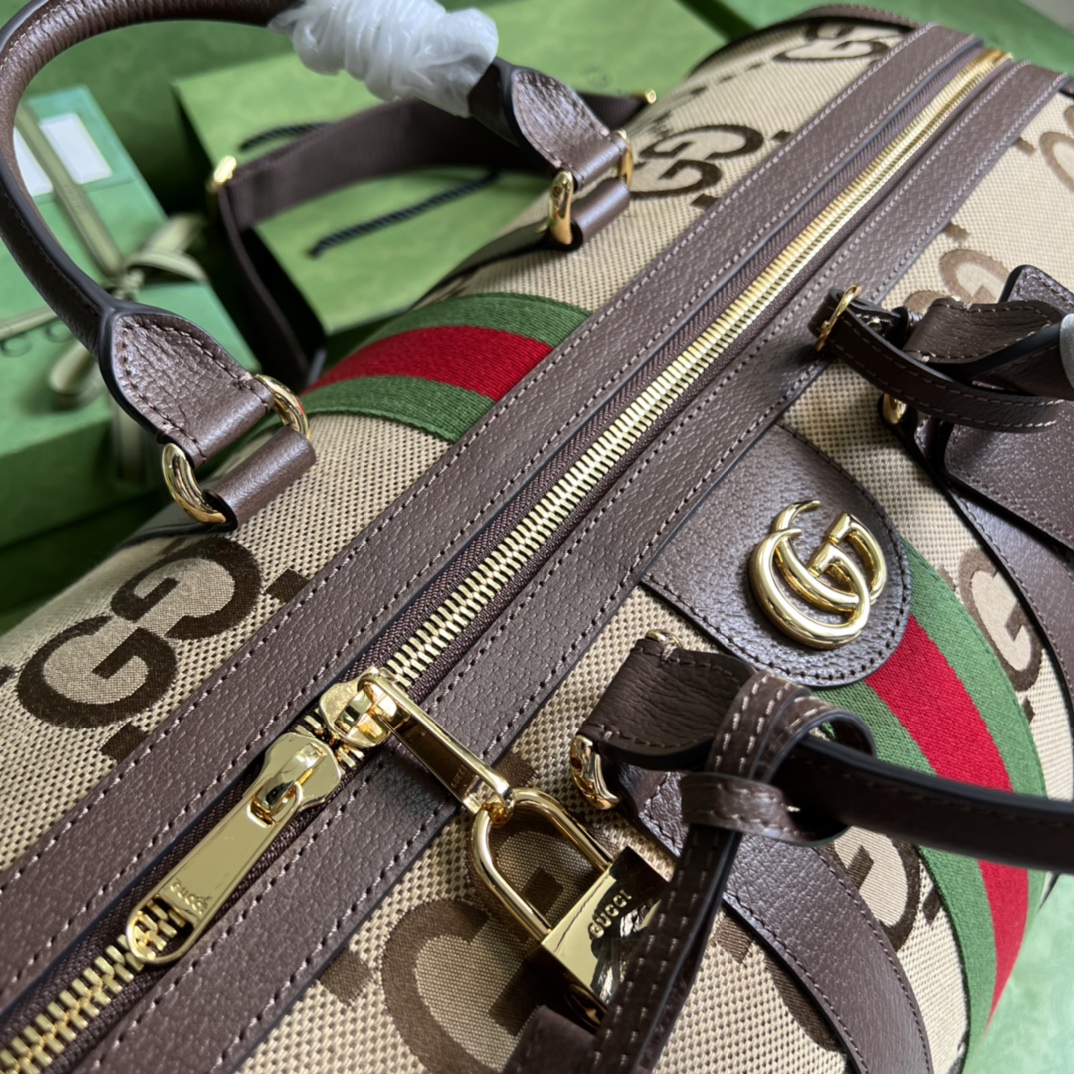 Gucci Unisex Jumbo GG Large Duffle Bag Camel Ebony Canvas Double G