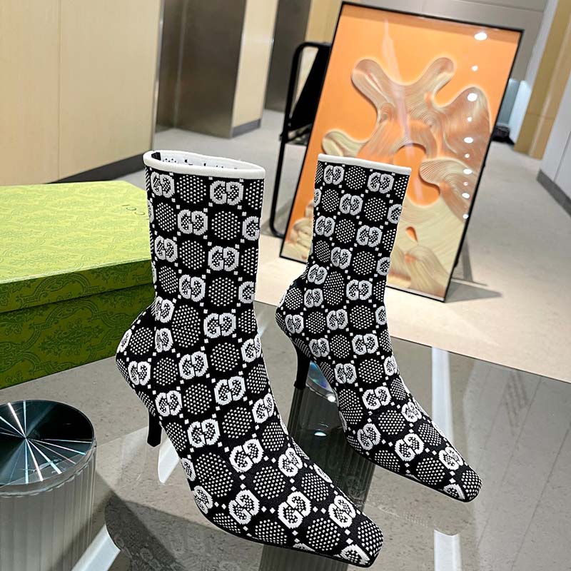 Gucci Women GG Knit Ankle Boots Black White GG Technical Fabric Leather Mid-Heel