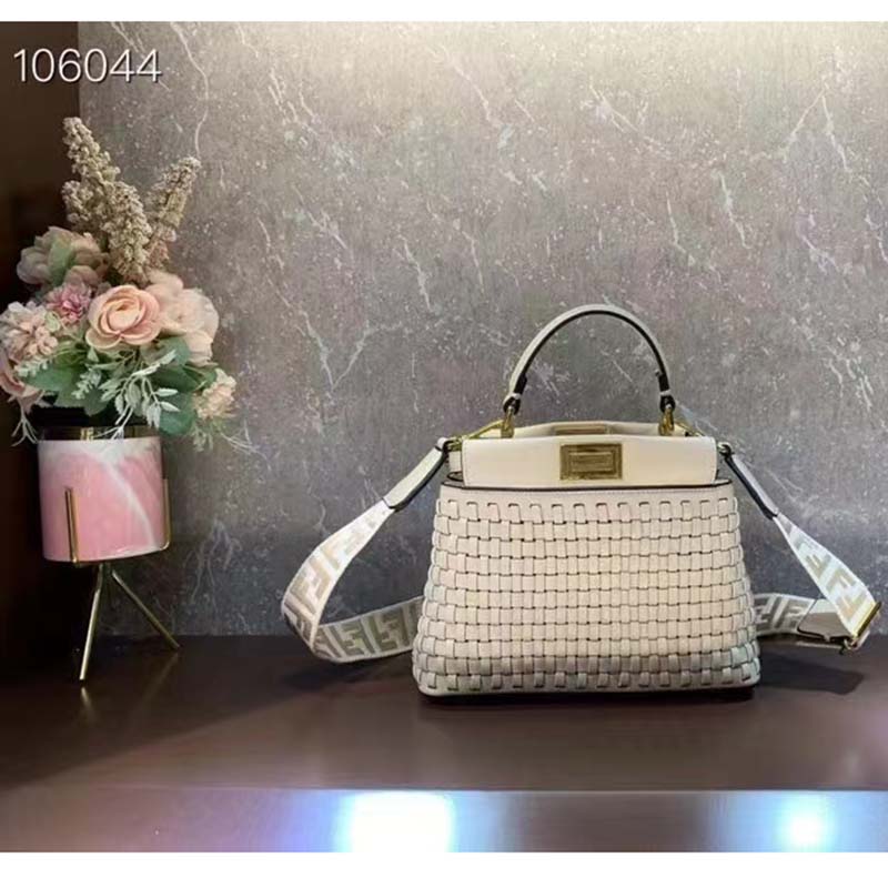 Fendi FF Women Peekaboo Mini Bag Beige Braided Calfskin Leather Bag