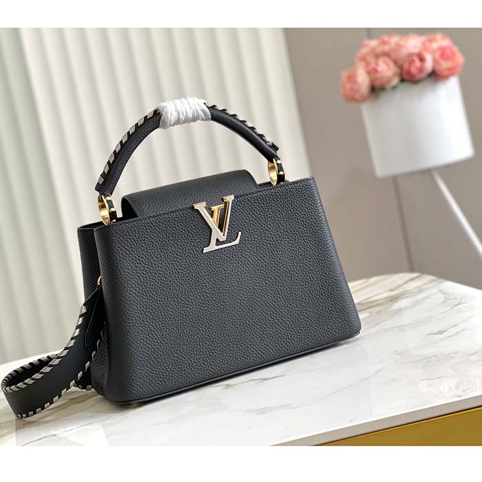 Louis Vuitton LV Women Capucines MM Handbag Black Etain Metallic Gray Taurillon Leather