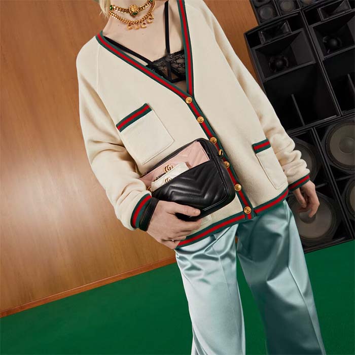 Gucci Women GG Double G Multi-Use Mini Bag Black Pink White Chevron Matelassé Leather