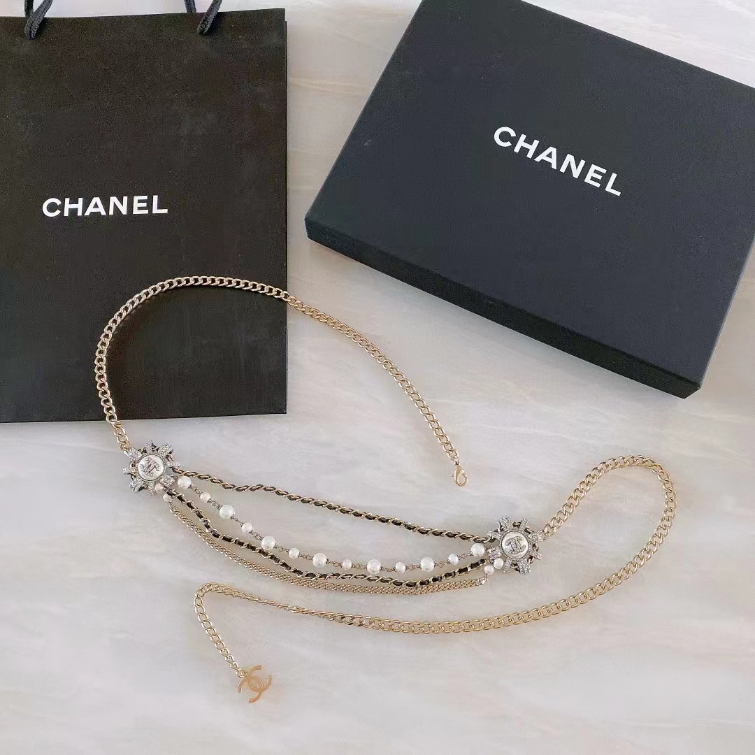 Chanel Women CC Chain Belt Calfskin Glass Pearls Black Pearly White Crystal Gold Silver-Tone Metal Strass