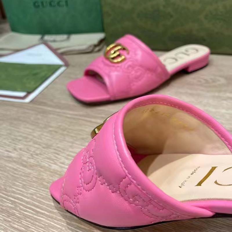 Gucci Women GG Matelassé Slide Sandal Bright Pink Double G Square Toe Flat