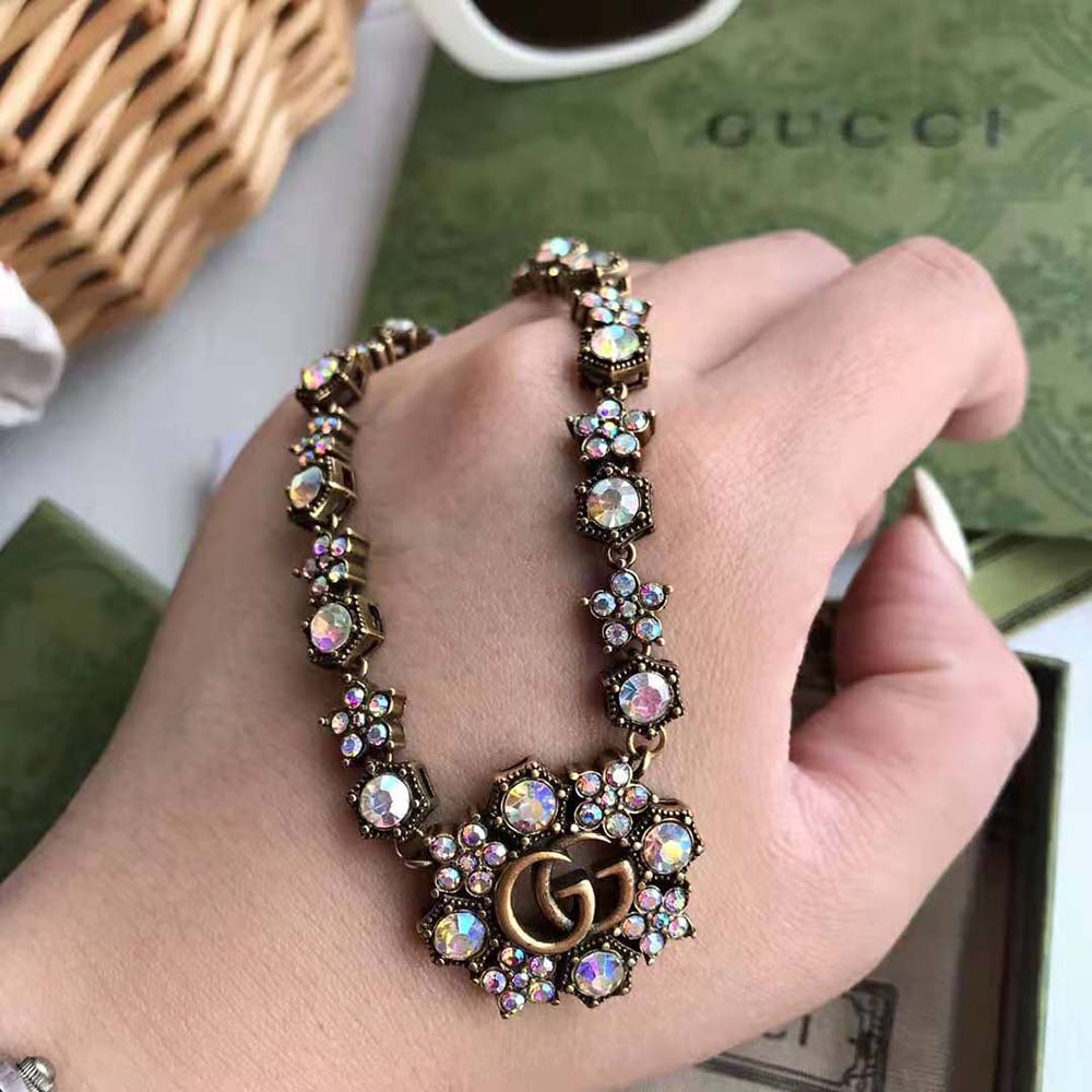 Gucci Women Double G Crystal Flowers Necklace