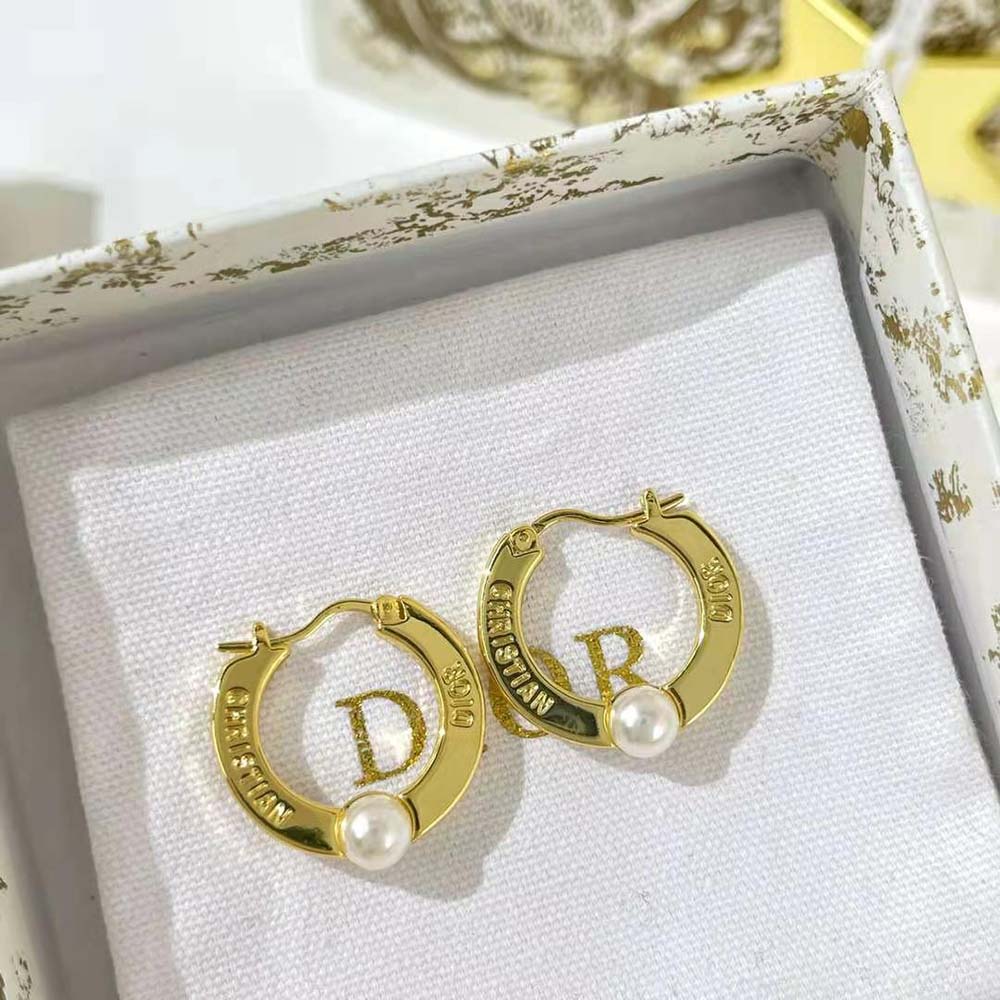 Dior Women CD Navy Earrings Gold-Finish Metal and White Resin Pearls