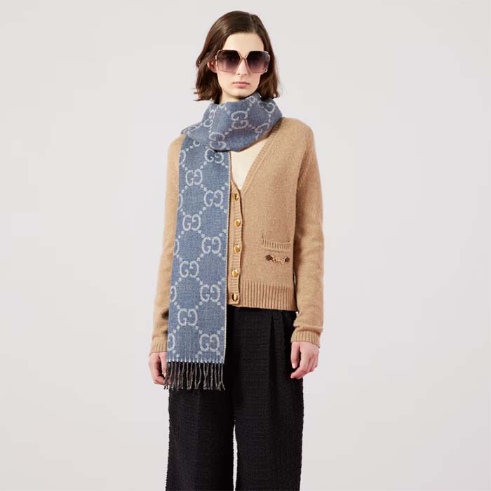 Gucci Unisex GG Jacquard Knit Scarf Tassels Navy Brown Wool