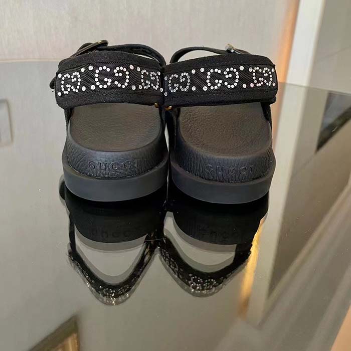 Gucci Women GG Sandal Crystals Black Mesh Tonal Suede Rubber Sole Flat