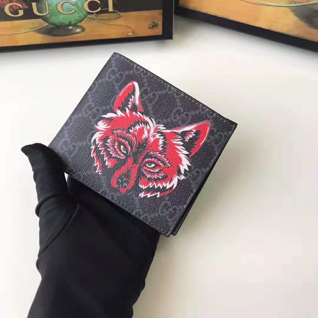 Gucci GG Men GG Supreme Wallet with Wolf in Black and Grey GG Supreme Canvas