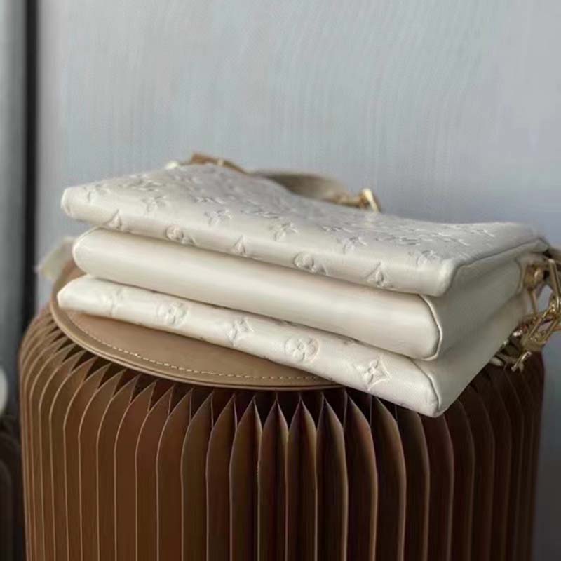 Louis Vuitton LV Women Coussin PM Handbag Cream Monogram-Embossed Puffy Lambskin Calfskin