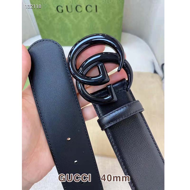 Gucci Unisex GG Marmont Wide Belt Black Leather Double G Buckle 4 cm Width