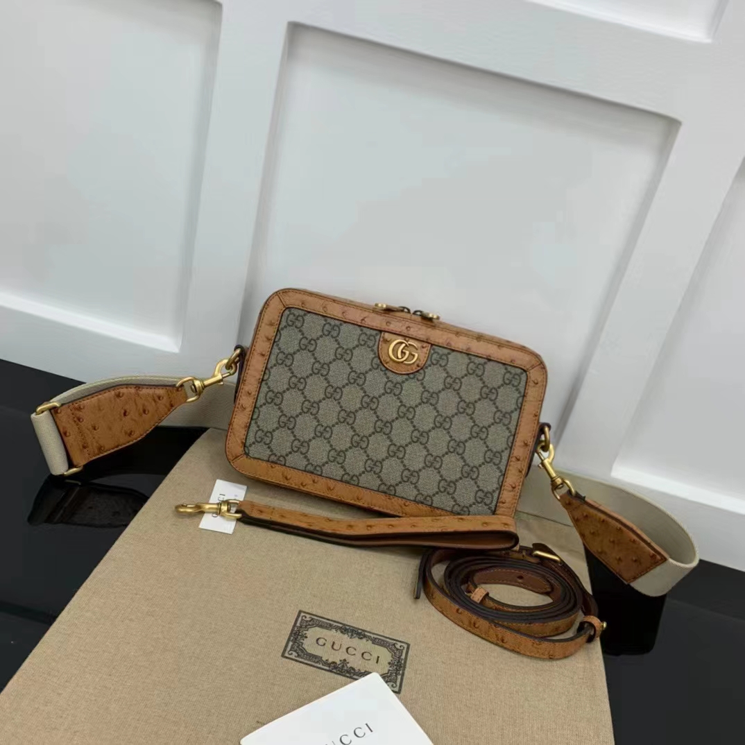 Gucci Unisex GG Python Shoulder Bag Double G Beige Ebony GG Supreme Canvas