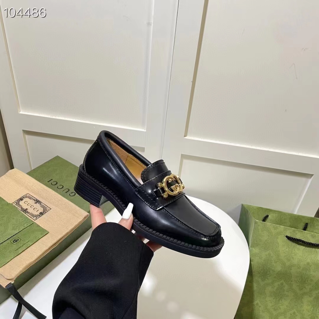 Gucci Women GG Loafer Interlocking G Shiny Black Leather Low 2.5 Cm Heel