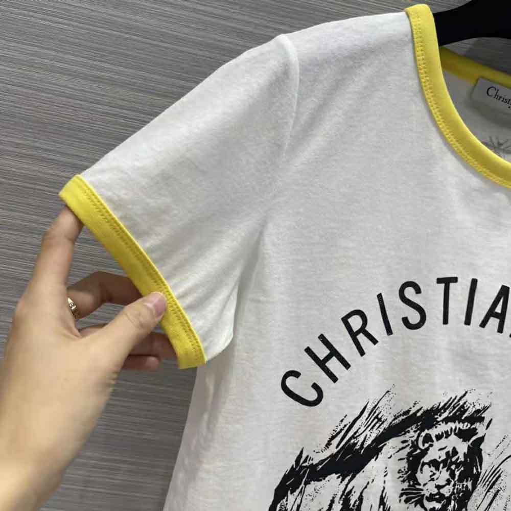 Dior Women T-shirt White Cotton Jersey with Fluorescent Yellow D-Jungle Pop Motif