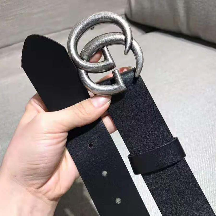 Gucci Unisex Leather Belt with Double G Buckle in 2.5cm Width-Black and Silver