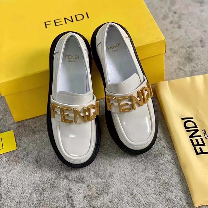 Fendi Women FF Fendigraphy White Leather Loafers 5 Cm Heel