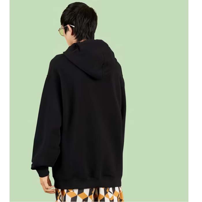 Gucci Men GG Cotton Jersey Sweatshirt Black Felted Long Sleeves Kangaroo Front Pocket