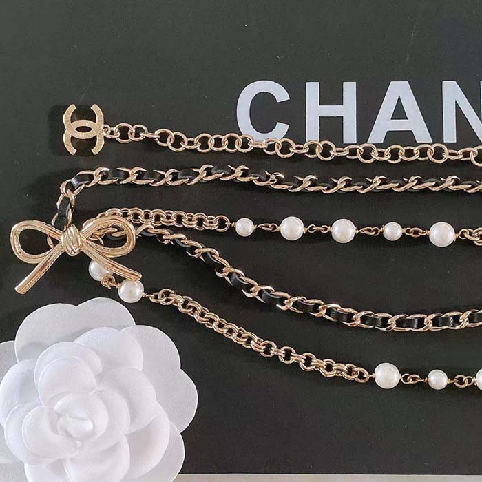 Chanel Women CC Chain Belt Gold Metal Resin Glass Pearls Strass Black Calfskin Leather