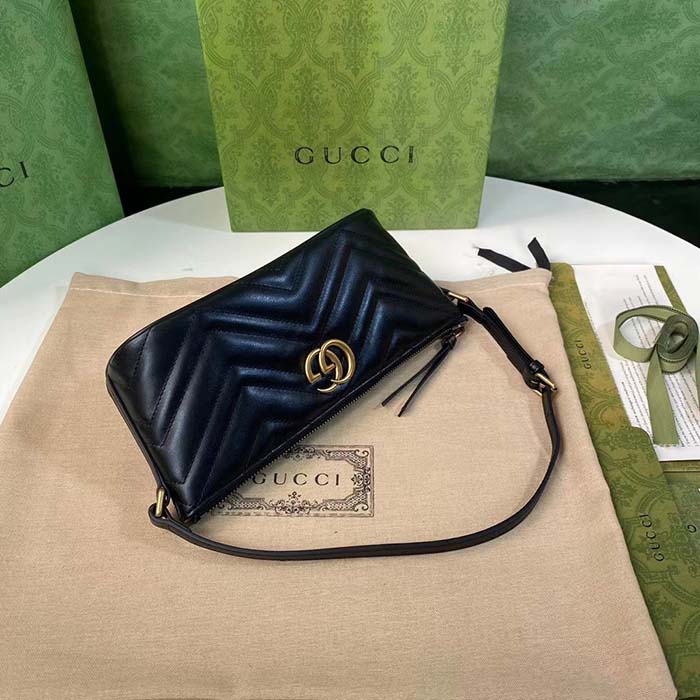 Gucci Women GG Marmont Shoulder Bag Black Matelassé Chevron Leather Double G