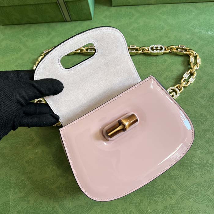 Gucci Women Bamboo 1947 Mini Top Handle Bag Light Pink Patent Leather