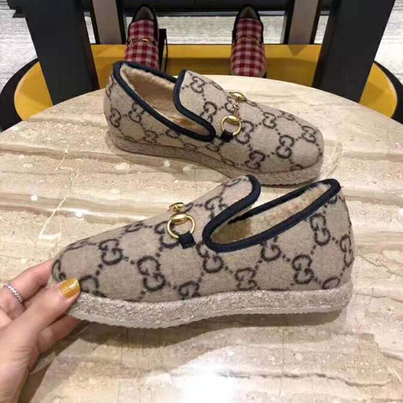 Gucci Unisex GG Wool Loafer in Beige and Ebony GG Wool