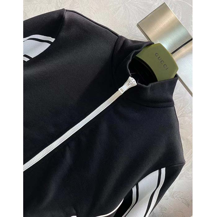 Gucci GG Women Cotton Jersey Zip Jacket Black Lightweight Felted Point Collar Long Sleeves