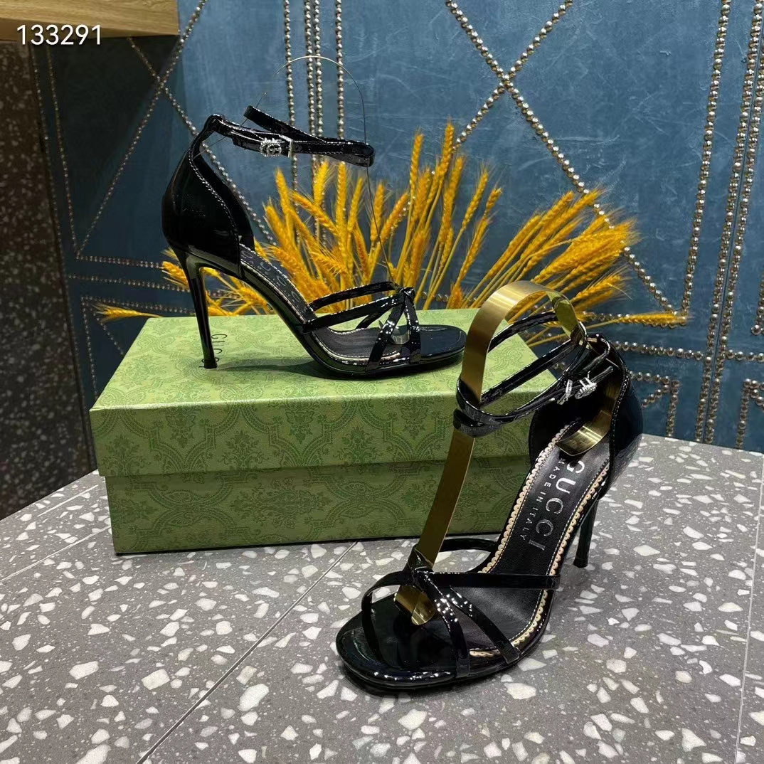 Gucci Women GG Strappy Sandal Double G Black Patent Leather Crystal High 11 CM Heel