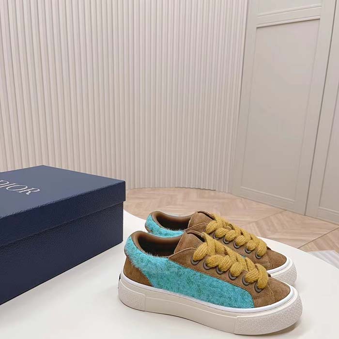 Dior Unisex CD Digital Twin Collectible B33 Sneaker Turquoise Dior Oblique Mohair Brown Suede