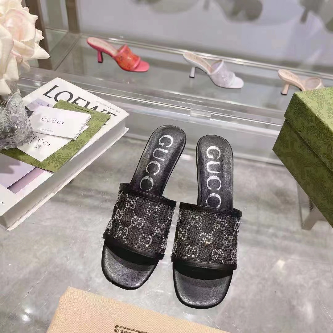 Gucci Women GG Mid Heel Slide Sandal Black GG Crystal Mesh 7.6 CM Heel