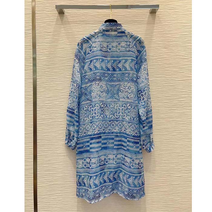 Louis Vuitton Women LV Monogram Tile Long Shirt Dress Cotton Blue White Regular Fit