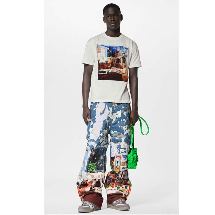 Louis Vuitton Men Printed Cotton T-Shirt Show Fit Ribbed Collar Milky White