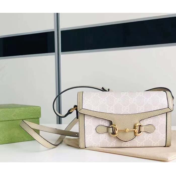 Gucci Women GG Horsebit 1955 Mini Bag Beige White GG Supreme Canvas