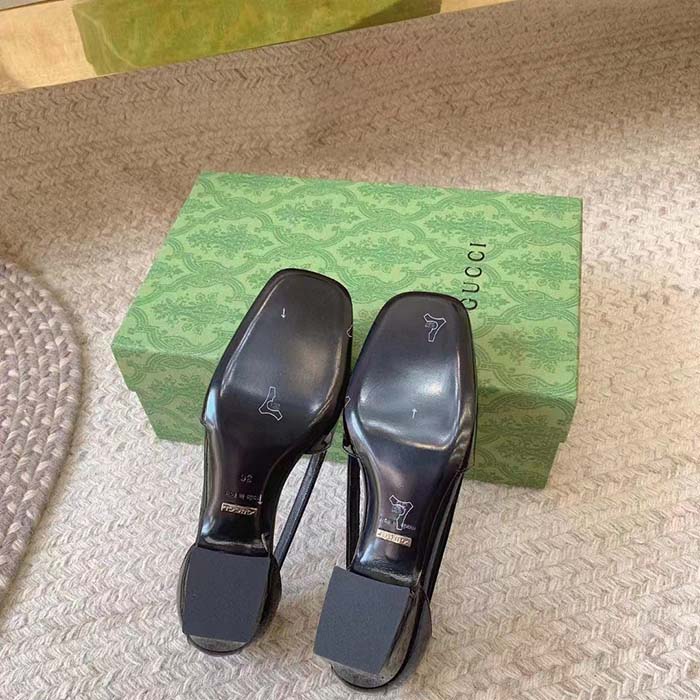 Gucci Women Pump GG Canvas Black Patent Leather Bow Leather Sole Cut-Out Block Heel