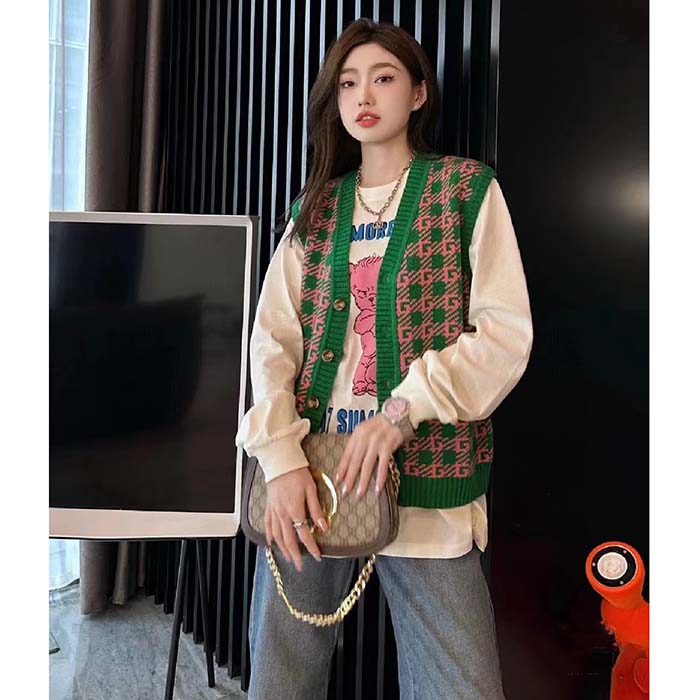 Gucci Women GG HA HA HA Square G Vest Green Pink Wool Jacquard V-Neck Sleeveless
