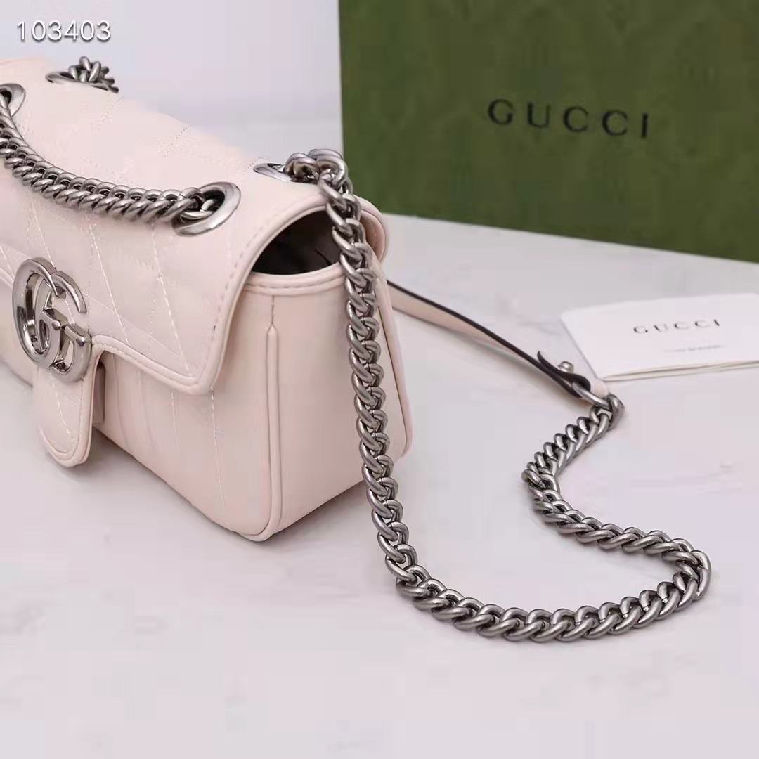 Gucci Women GG Marmont Mini Shoulder Bag White Double G Matelassé Leather