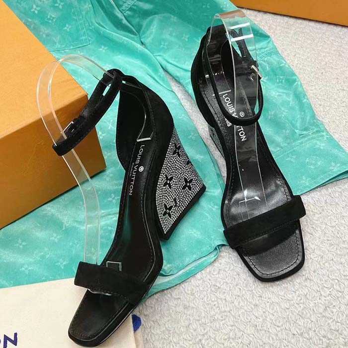 Louis Vuitton LV Women Appeal Wedge Sandal Black Suede Baby Goat Leather Strass
