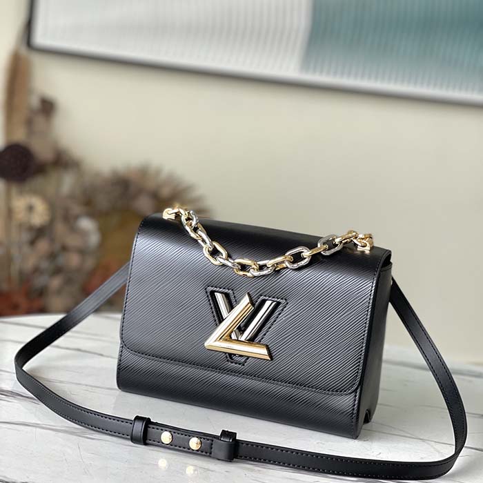 Louis Vuitton LV Women Twist MM Handbag Black Epi Grained Smooth Cowhide Leather