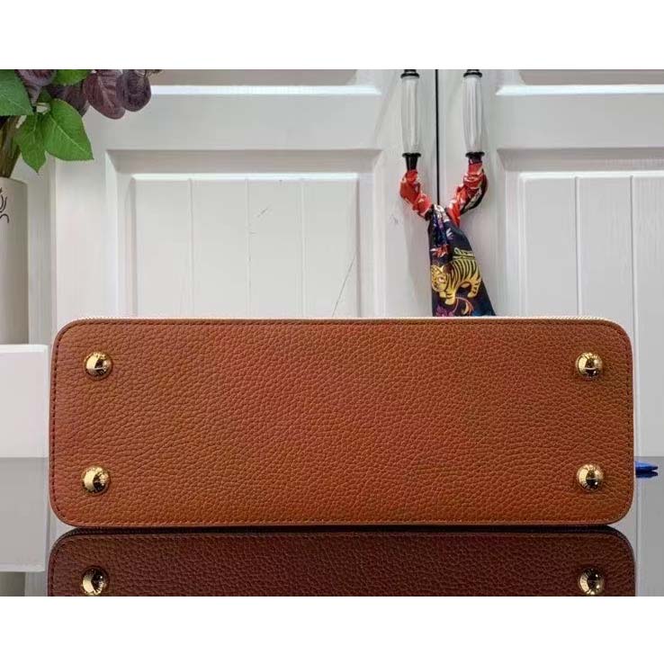 Louis Vuitton LV Women Capucines MM Handbag Caramel Brown Taurillon Leather Canvas