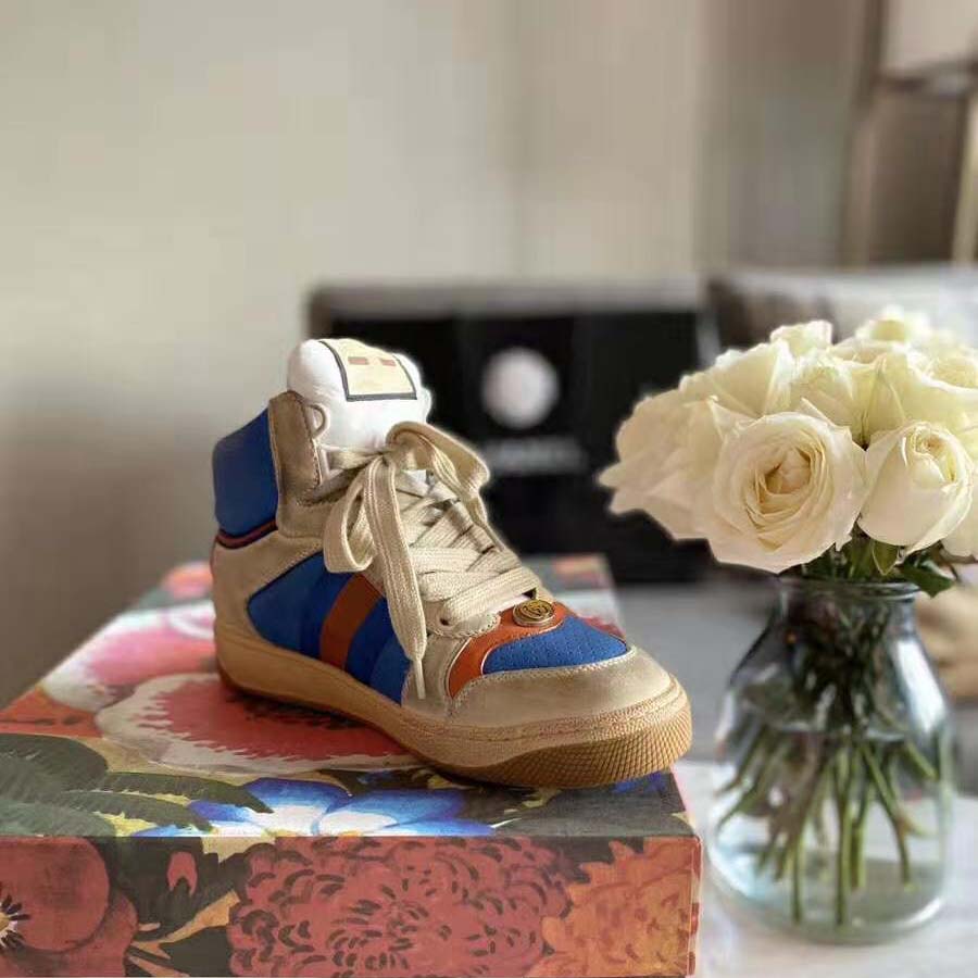 Gucci Unisex Screener GG High-Top Sneaker in Blue Perforated and Off-White Leather