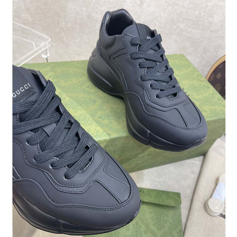 Gucci Unisex GG Rhyton Sneaker Black Leather Rubber Sole Low Heel