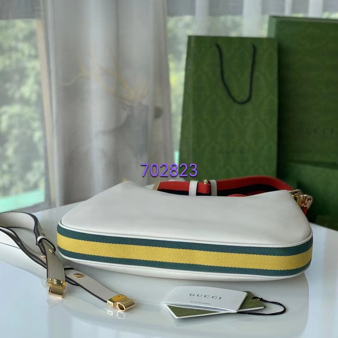 Gucci Women GG Attache Large Shoulder Bag White Leather Green Yellow Web