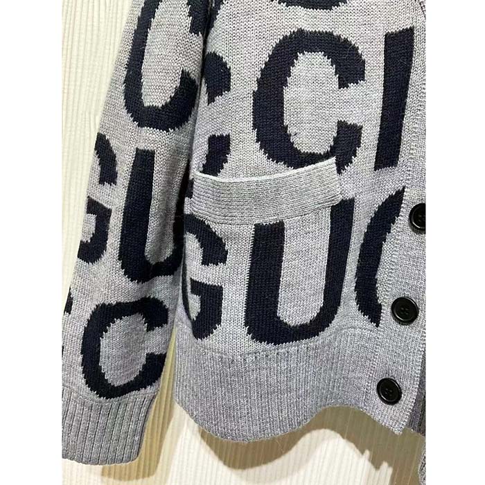 Gucci Women GG Cardigan Gucci Intarsia Grey Wool Blue V-Neck Dropped Shoulder Long Sleeves Two Pockets