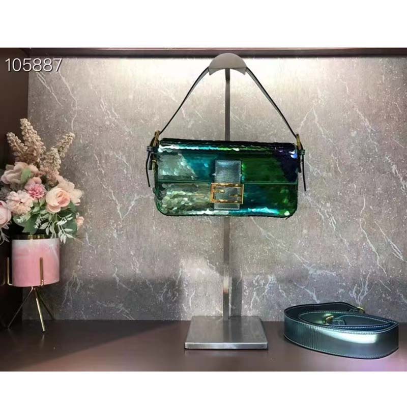 Fendi Women FF Baguette 1997 Green Leather Sequinned Bag