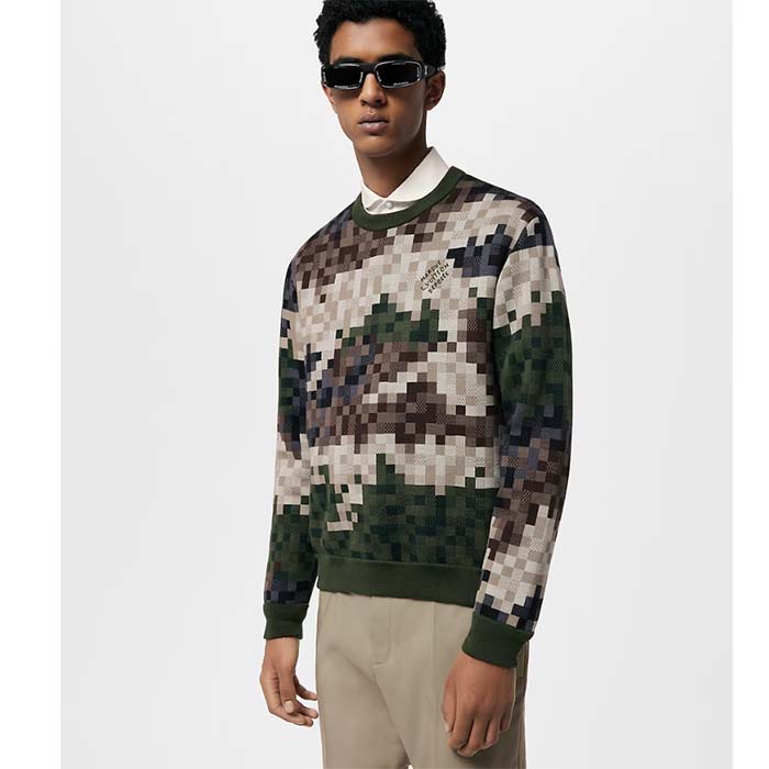 Louis Vuitton Men LV Damier Cotton Jacquard Pullover Regular Fit Allover Damoflage Multicolor