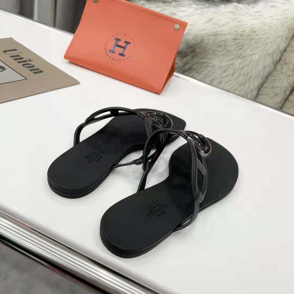 Hermes Women Egerie Sandal in Waterproof TPU with Chaine D Ancre Motif-Black