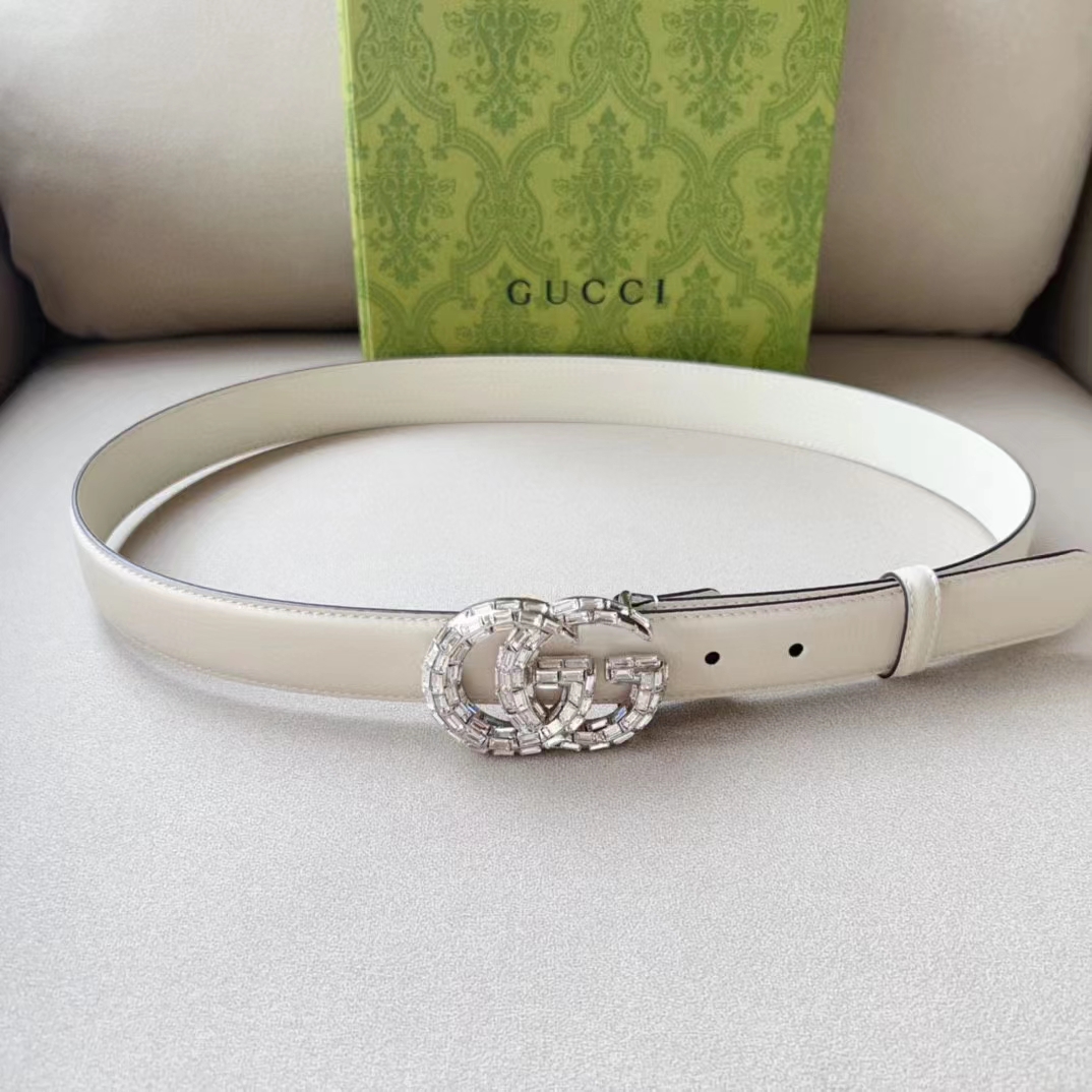 Gucci Unisex GG Marmont Thin Belt Crystals White Leather Double G Buckle 3 CM Width