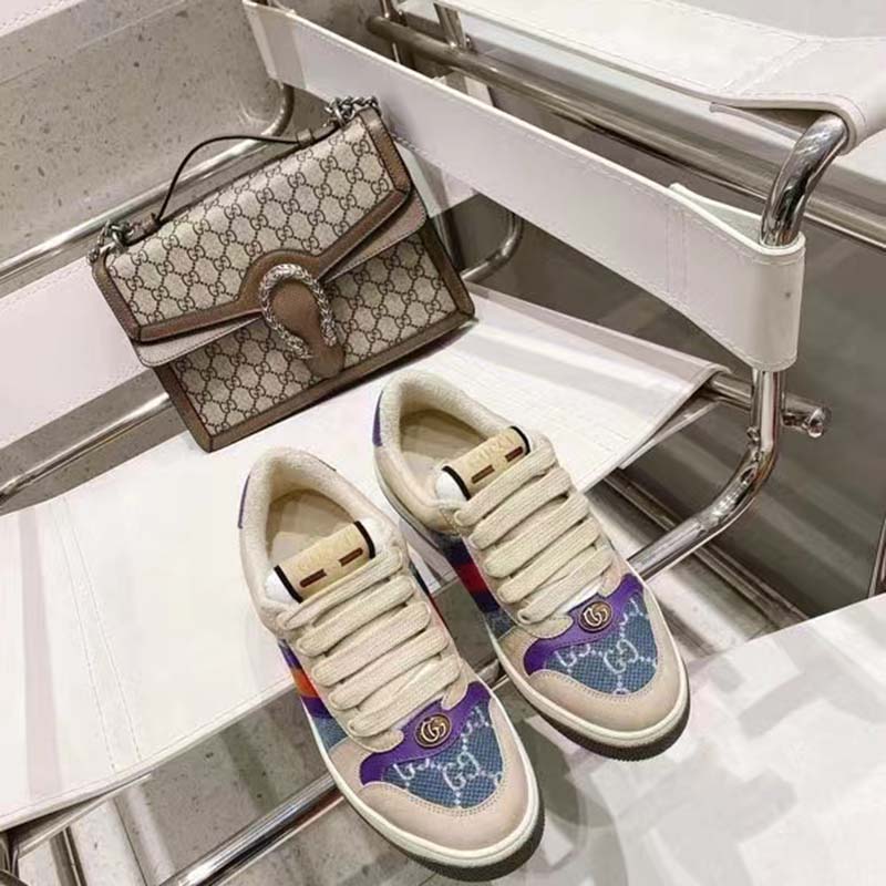 Gucci Unisex Screener Sneaker Purple Red Web Cream Scrap Less Leather