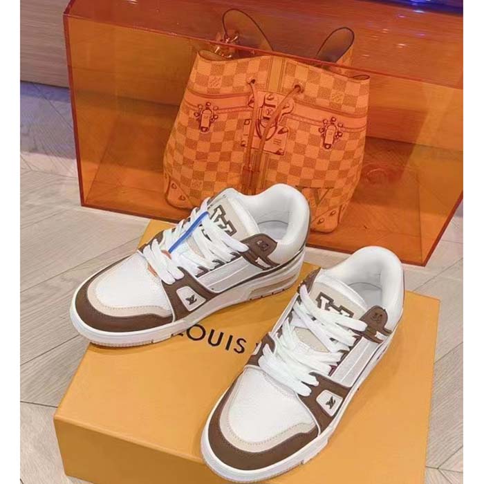 Louis Vuitton Unisex LV Trainer Sneaker Moka Brown Nubuck Grained Calf Leather Rubber Initials