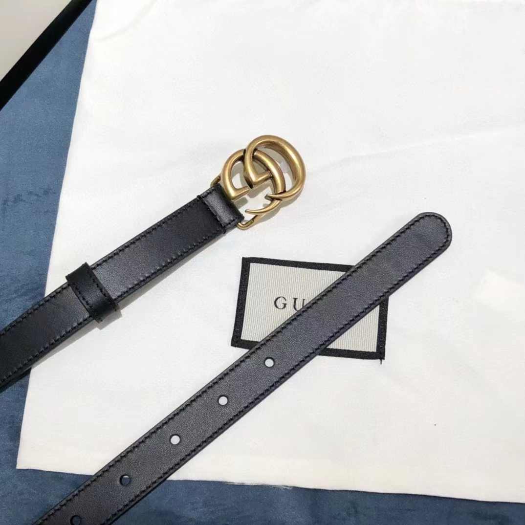 Gucci Unisex GG Leather Belt Double G Buckle Black Leather 2 CM Width