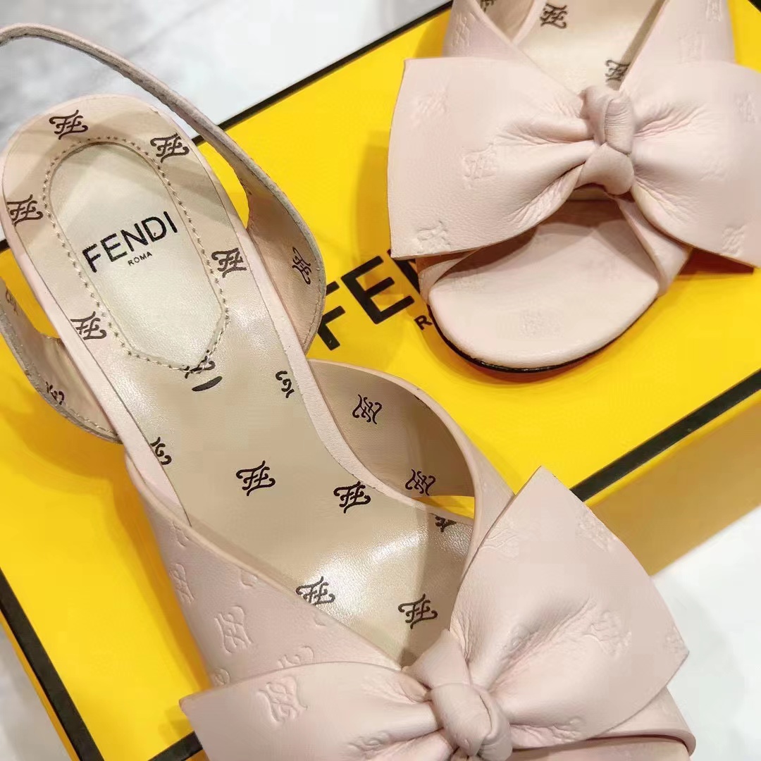 Fendi Women Slingback Sandals Wide Strap Maxi Bow Beige Leather