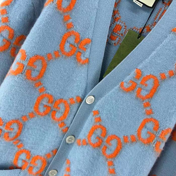 Gucci Women Wool Cardigan GG Intarsia Blue V-Neck Long Sleeves